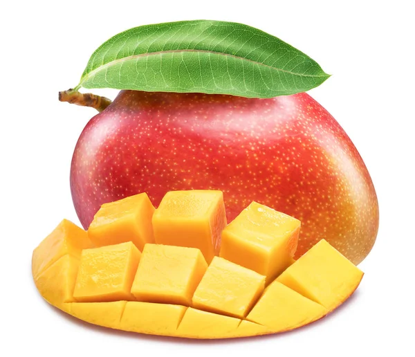 Owoc mango z kostkami mango. Odizolowany na białym tle. Tłumaczenie: — Zdjęcie stockowe