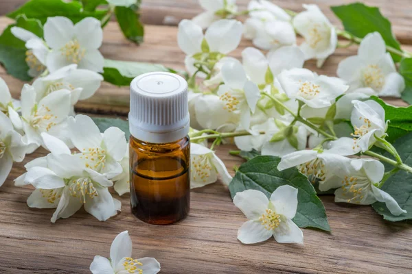 Tender jasmijn bloemen en jasmijn olie close-up op houten backgr — Stockfoto