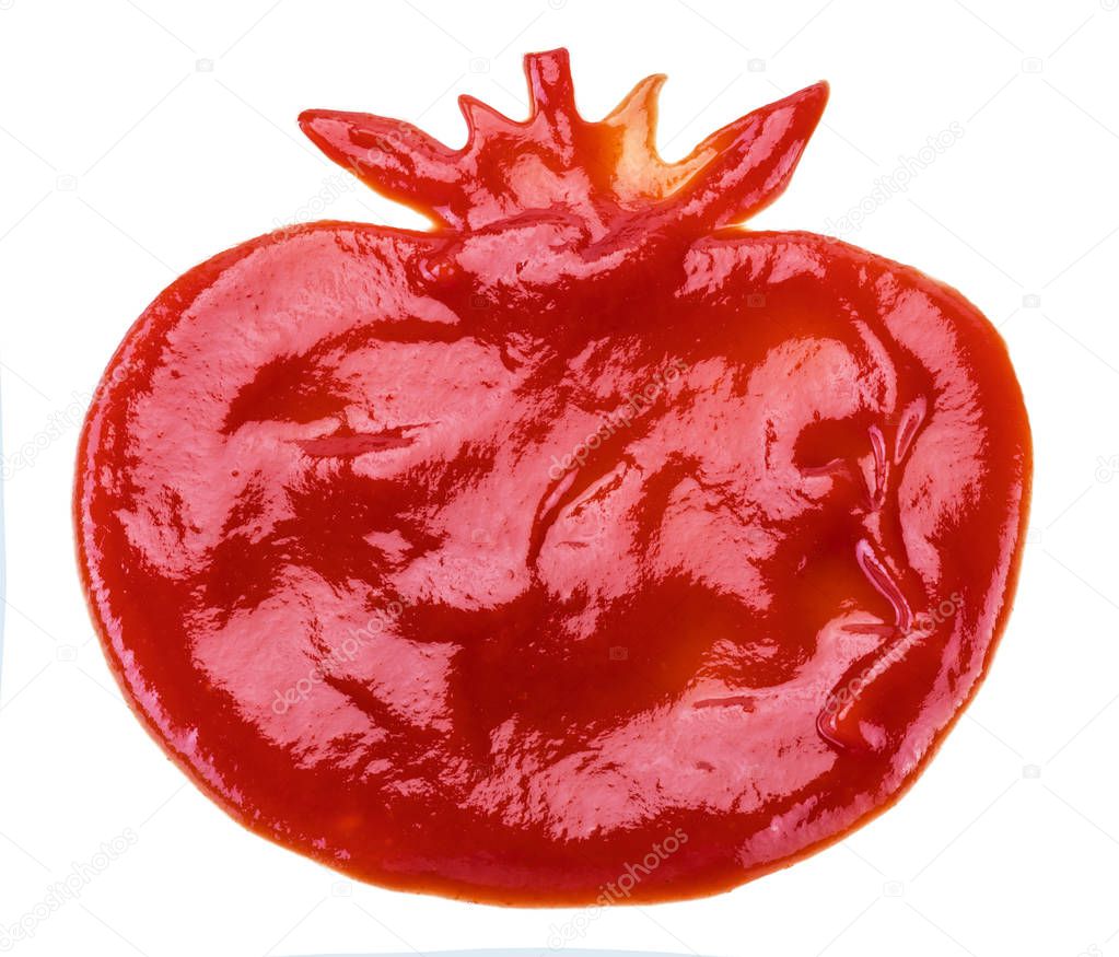 Ketchup or tomato sauce in the shape of tomato fruit on white ba
