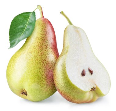 Beyaz arka planda yaprağı olan olgun armutlar. Kesme yolu.