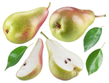 Olgun armut, armut ve armut yapraklarının yarısı beyaz arka planda. Cli.