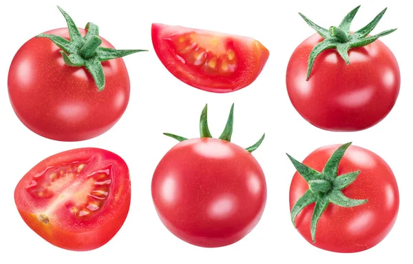 Sammlung von Tomaten und Tomatenscheiben isoliert auf weiß — Stockfoto