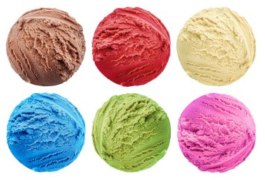Set of various colorful tasty scoops of ice cream on white background.  Top view. File contains clipping path for each item. clipart