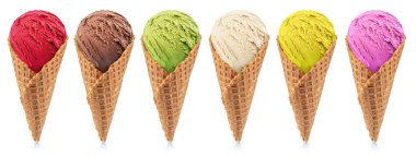 Set of various colorful ice creams in waffle cones on the white background. Lay out view. File contains clipping path for each item. clipart