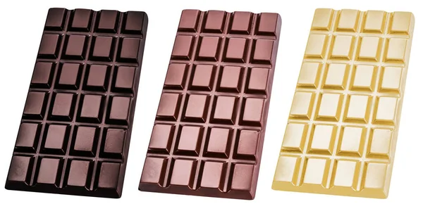 Drie Soorten Chocoladerepen Zwart Melk Wit Geïsoleerd Een Witte Achtergrond — Stockfoto