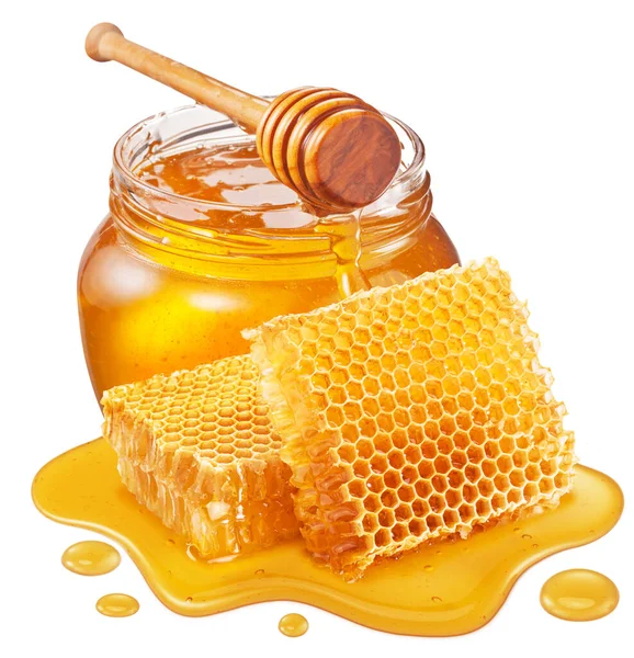 Glass Pot Honey Honeycombs Sweet Sticky Honey Puddle Isolated White — Stock Photo, Image