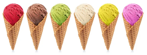 Set Vari Gelati Colorati Coni Cialde Sullo Sfondo Bianco Stendete — Foto Stock