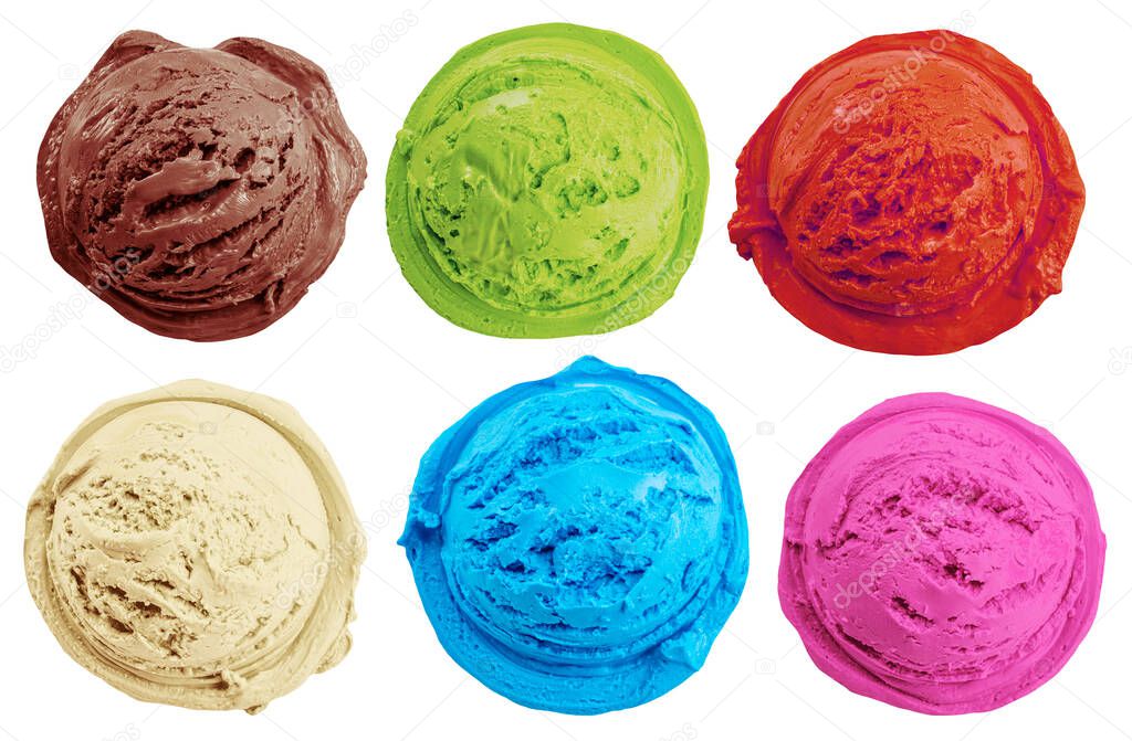 Set of various colorful tasty scoops of ice cream on white background.  Top view. File contains clipping path for each item.