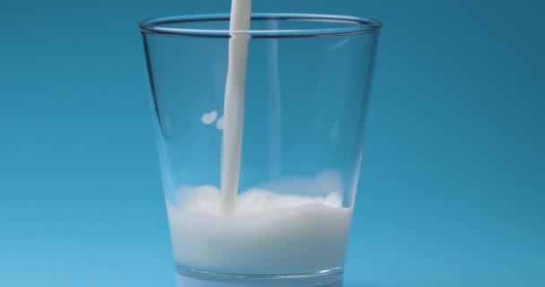 Γάλα Χύνεται Ένα Ποτήρι Γάλα Μπλε Φόντο — Αρχείο Βίντεο