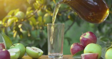 Elma suyu, yaz akşamı meyve bahçesinde bir sürahide bir bardağa dökülüyor. Olgun elmalar etrafa saçılmış. Kamera yavaşça yana kayıyor..
