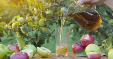 Elma suyu, yaz akşamı meyve bahçesinde bir sürahide bir bardağa dökülüyor. Olgun elmalar etrafa saçılmış. Kamera yavaşça yana kayıyor..