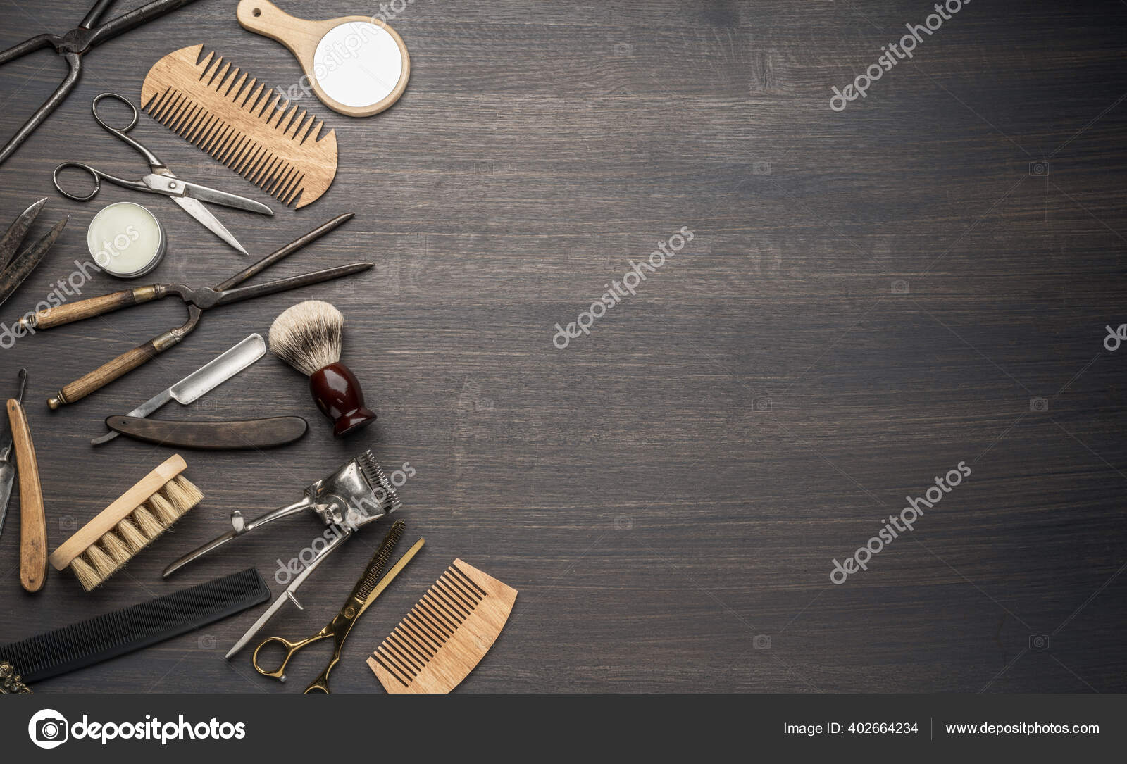 Classic Grooming Hairdressing Tools Wooden Background Top View