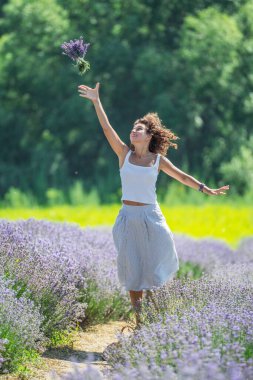 Çiçekli lavanta tarlasında yürüyen ve çiçek toplayan bir kadın..