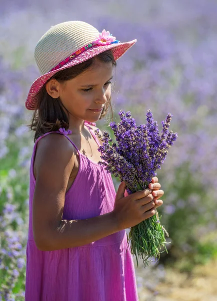 薰衣草场手里拿着薰衣草花束的小女孩的画像 — 图库照片