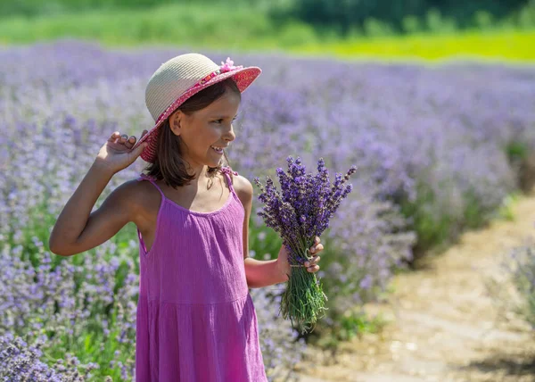 Portrait Little Girl Lavender Bouquet Her Hand Lavender Field — Stock Photo, Image