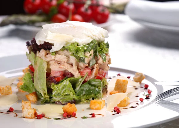 在餐馆里 用鸡肉 蔬菜和夹在白盘上的莫扎雷拉配上美味的热沙拉 — 图库照片