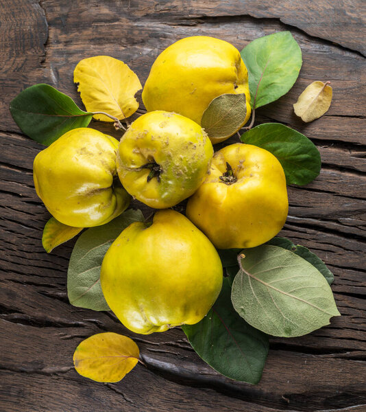 Ripe golden yellow quince fruits on wood. Organic fruits on old table. Top view.