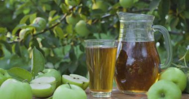 Elma suyu bardakta ve sürahi olgun elmaların arasında elma bahçesindeki eski bir masada duruyor. Kamera yavaşça yana kayıyor.. 