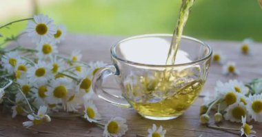 Papatya çayı şeffaf bir çaydanlıktan cam bir fincana dökülür. Eylem, yaz aylarında kırsal bir terasta güneş ışınları eşliğinde gerçekleşiyor. Yakınlarda bir ilaç papatyasının çiçekleri var..