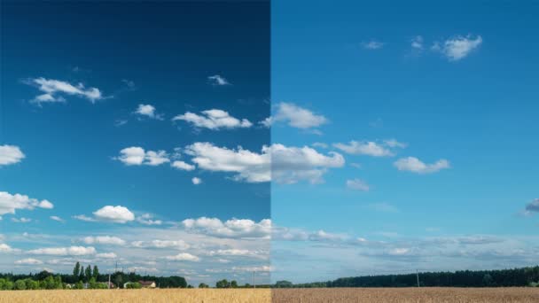Визуальный Эффект Поляризационного Фильтра Примере Летнего Сельского Пейзажа Красивыми Облаками — стоковое видео