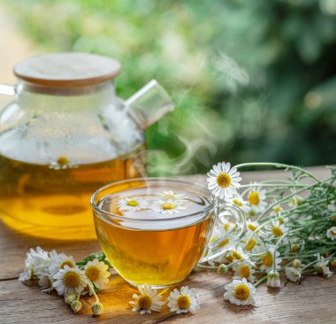 Çaydanlık ve çay bardağının yanında papatya çayı ve papatya çiçeği. Kırsal ya da kırsal arkaplan.