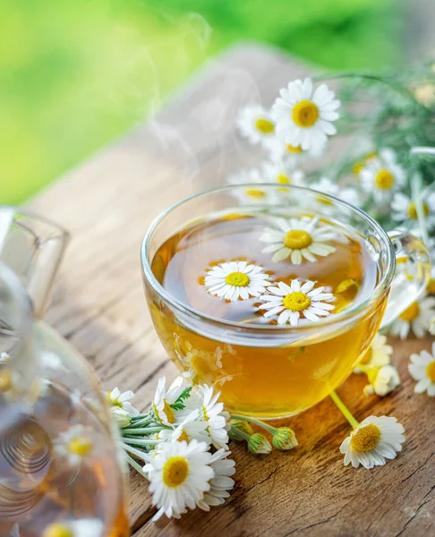 Herbal Chamomile Tea Chamomile Flowers Teapot Tea Glass Top View — Stock Photo, Image