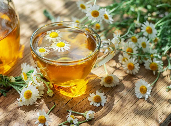 Glas Kruidenkamillethee Kamillebloemen Houten Tafel Close — Stockfoto