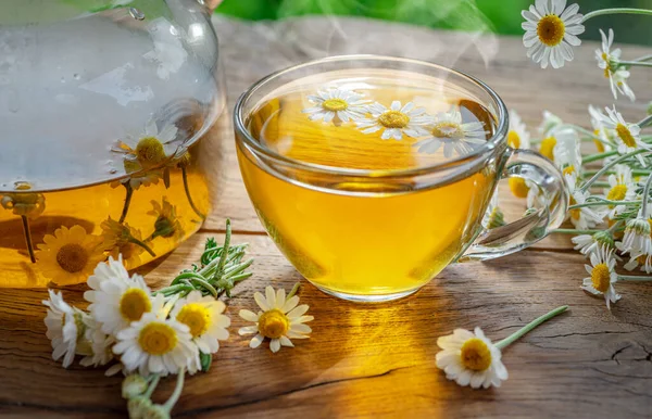 Kruidenkamille Thee Kamille Bloemen Buurt Van Theepot Thee Glas Landelijke — Stockfoto