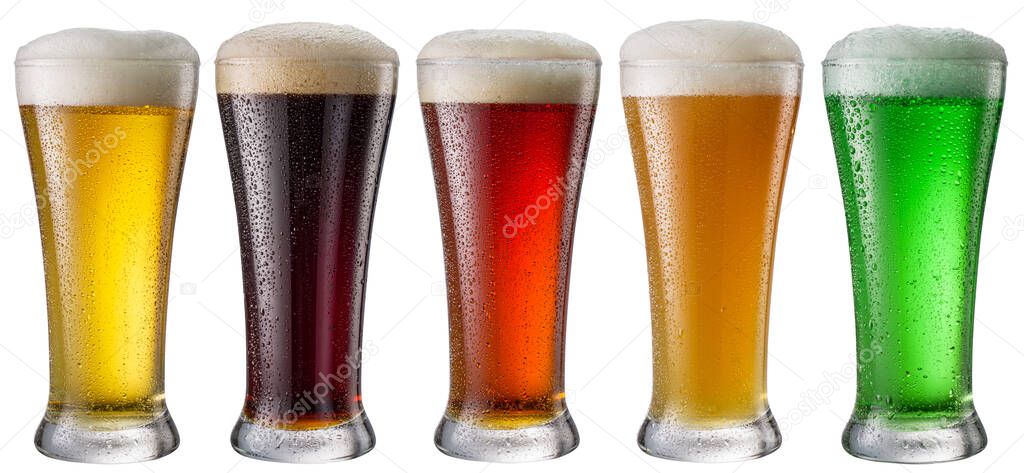 Collection of five types of different beer in glasses isolated on a white background. Each beer glass contains a clipping path.