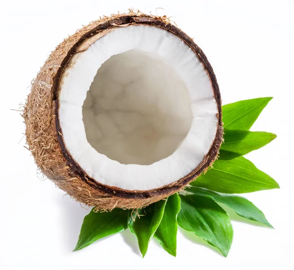 Cracked Coconut Half White Flesh Green Leaves Isolated White Background — Stock Photo, Image