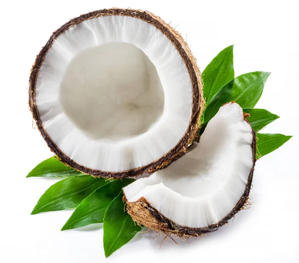 Pęknięty Owoc Kokosowy Białym Mięsem Kawałkiem Orzecha Kokosowego Wyizolowanym Białym — Zdjęcie stockowe