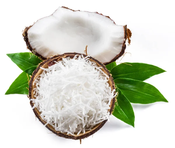 Frutos Coco Agrietados Con Pulpa Blanca Copos Coco Rallados Aislados — Foto de Stock