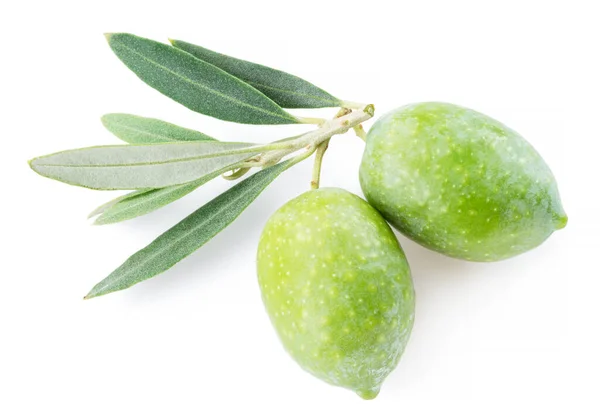 Две Зеленые Натуральные Оливки Белом Фоне — стоковое фото