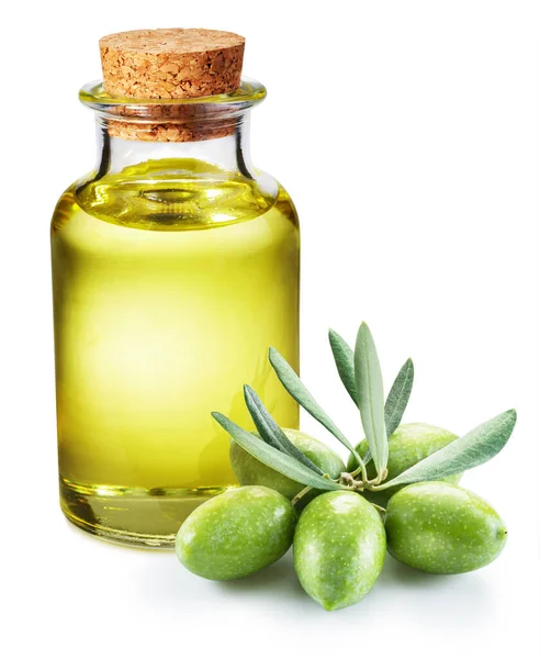Gröna Naturliga Oliver Med Flaska Olivolja Isolerad Vit Bakgrund — Stockfoto