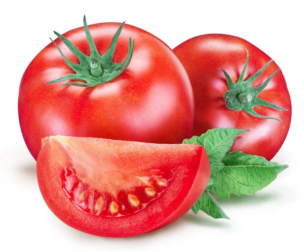 Tomates Con Hojas Rodajas Tomate Aislados Sobre Fondo Blanco Ruta —  Fotos de Stock