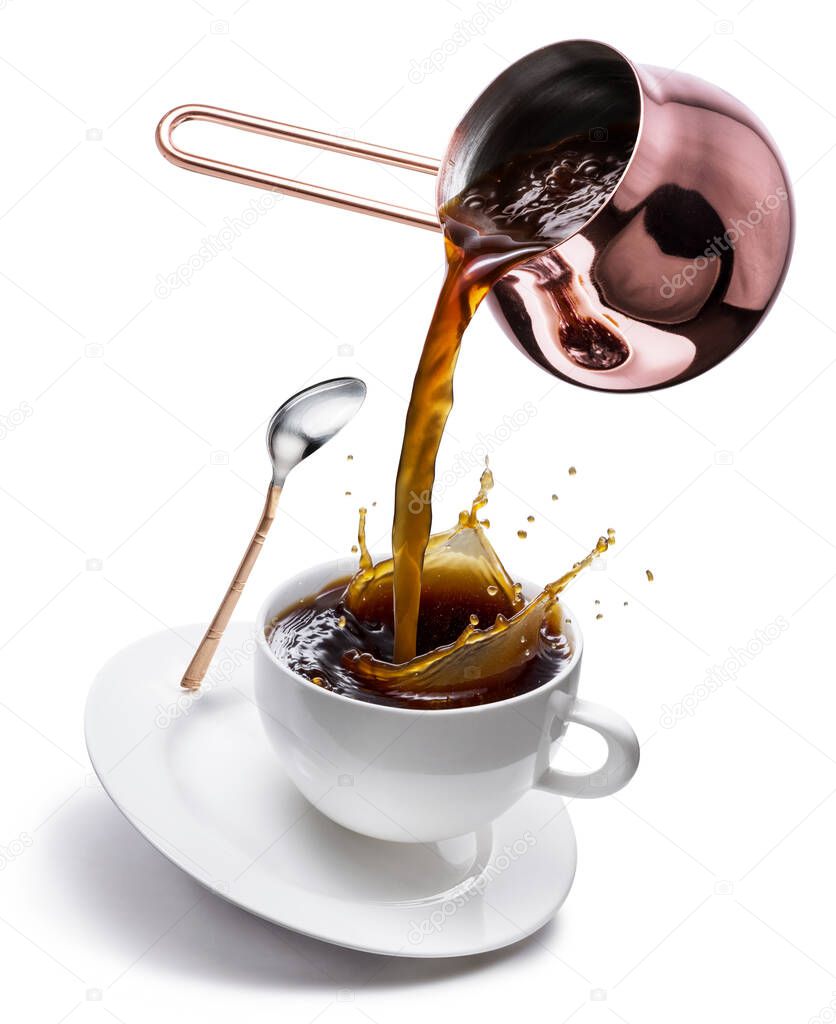 Coffee concept image. Coffee pouring into the cup with splaching from the cooper cezve. Isolated on white background.
