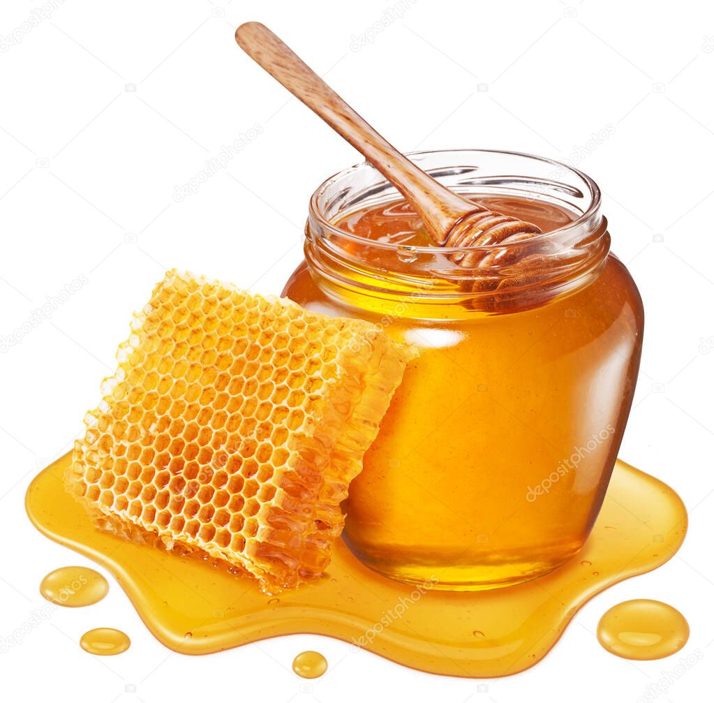 Glass pot of honey, honeycombs and sweet sticky honey puddle isolated on white background.