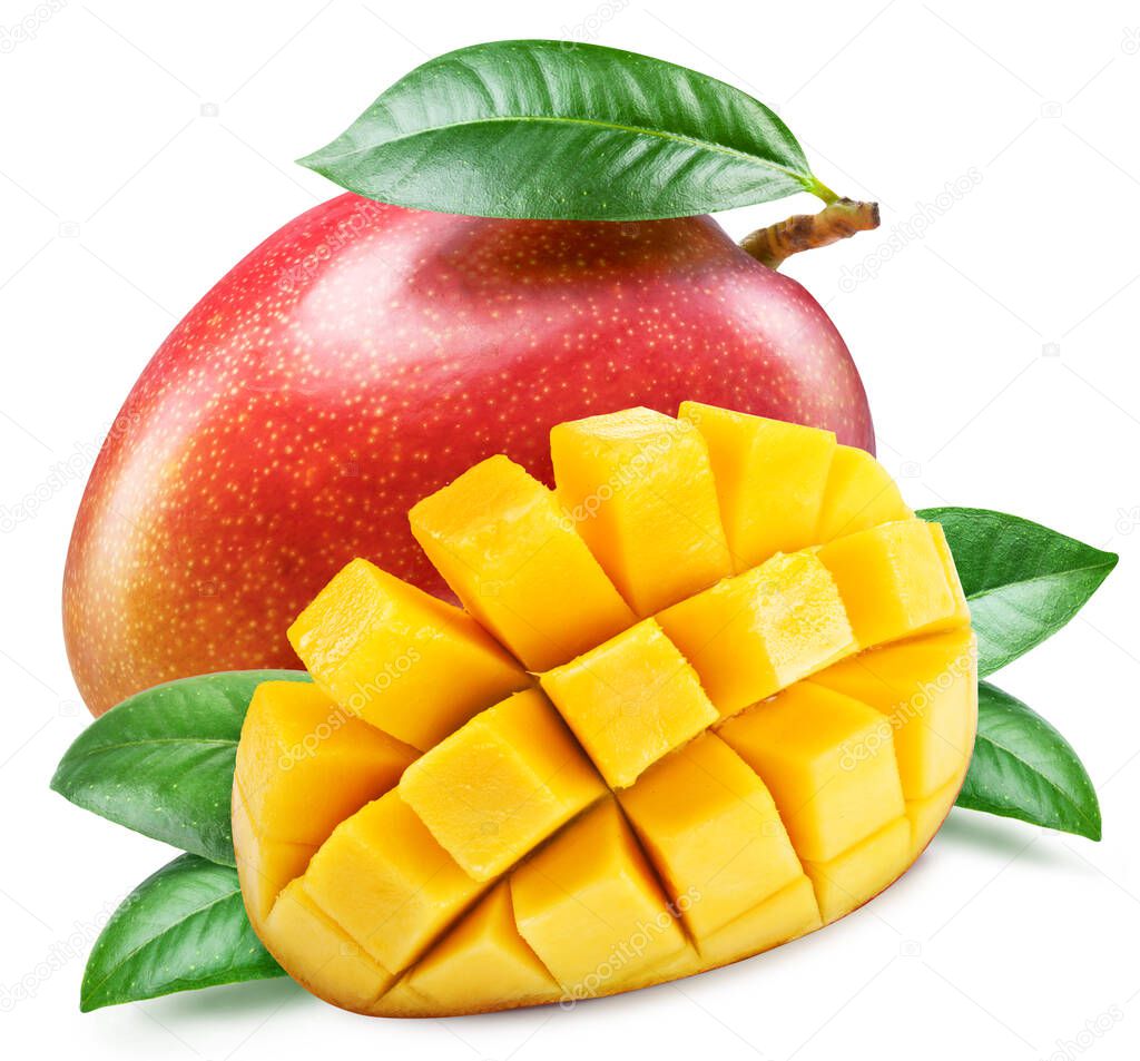 Mango with leaves and mango slices isolated on a white background. Clipping path.