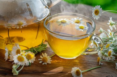 Çaydanlık ve çay bardağının yanında papatya çayı ve papatya çiçeği. Kırsal ya da kırsal arkaplan.