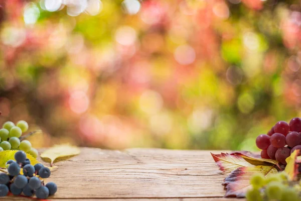 Fundo Outono Com Uma Mesa Madeira Belo Bokeh Ensolarado — Fotografia de Stock