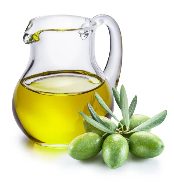 Zelené Přírodní Olivy Karafa Olivovým Olejem Izolované Bílém Pozadí — Stock fotografie