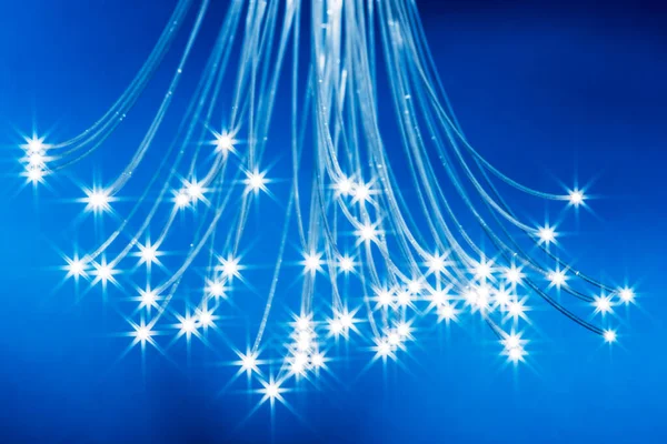 Fascio Fibre Ottiche Con Luci Alle Estremità Fondo Blu — Foto Stock