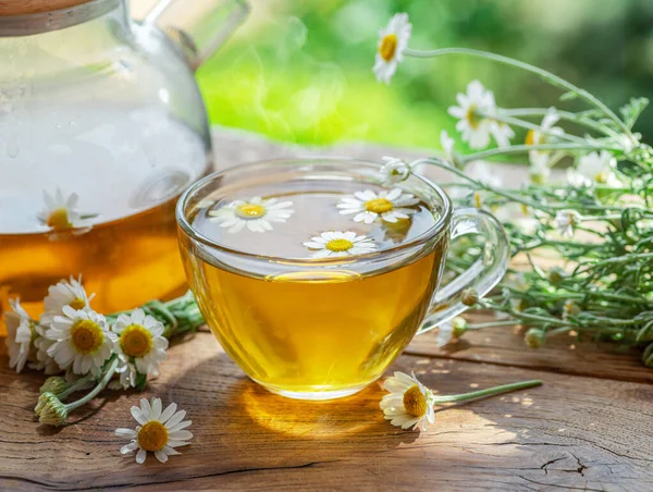 Kruidenkamille Thee Kamille Bloemen Buurt Van Theepot Thee Glas Landelijke — Stockfoto