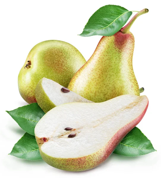 有叶子和梨片的梨子在白色的背景上被隔离 收割路径 — 图库照片