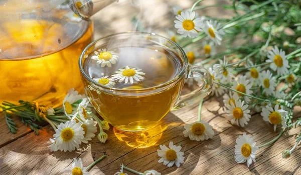 Glass of herbal chamomile tea and chamomile flowers near teapot. Close-up.