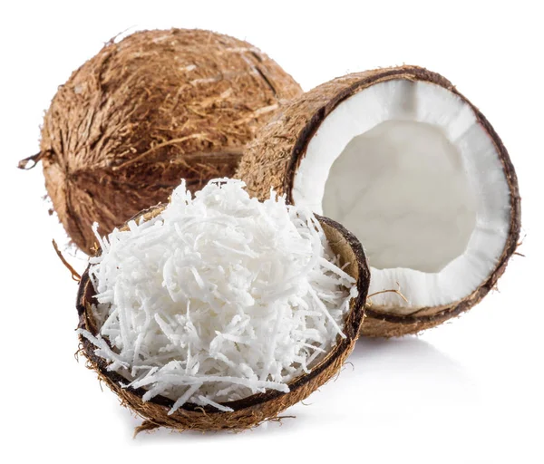 Frutos Coco Agrietados Con Pulpa Blanca Copos Coco Rallados Aislados — Foto de Stock