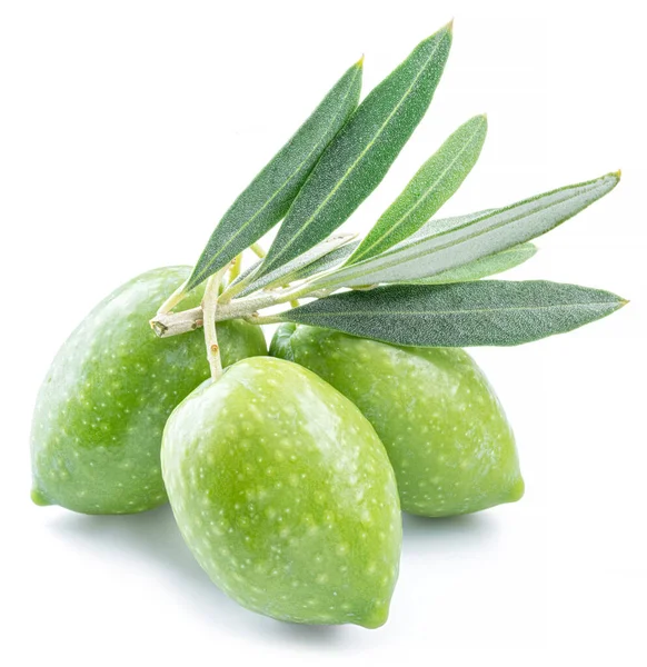 Grønne Naturlige Oliven Med Blade Isoleret Hvid Baggrund - Stock-foto