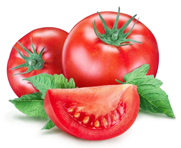 Tomatoes Leaves Tomato Slices Isolated White Background Clipping Path — Stock Photo, Image