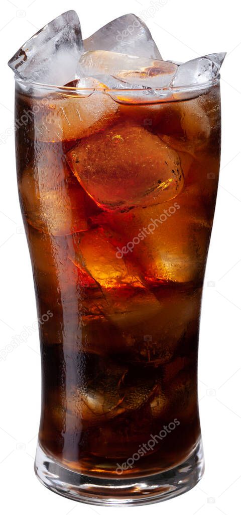Chilled glass of cola drink with ice cubes isolated on white background. File contains clipping path.