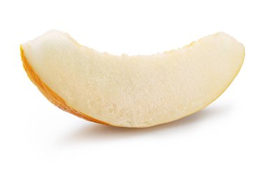 Beyaz arka planda izole edilmiş sarı kavun dilimi. Dosya kırpma yolu içeriyor.